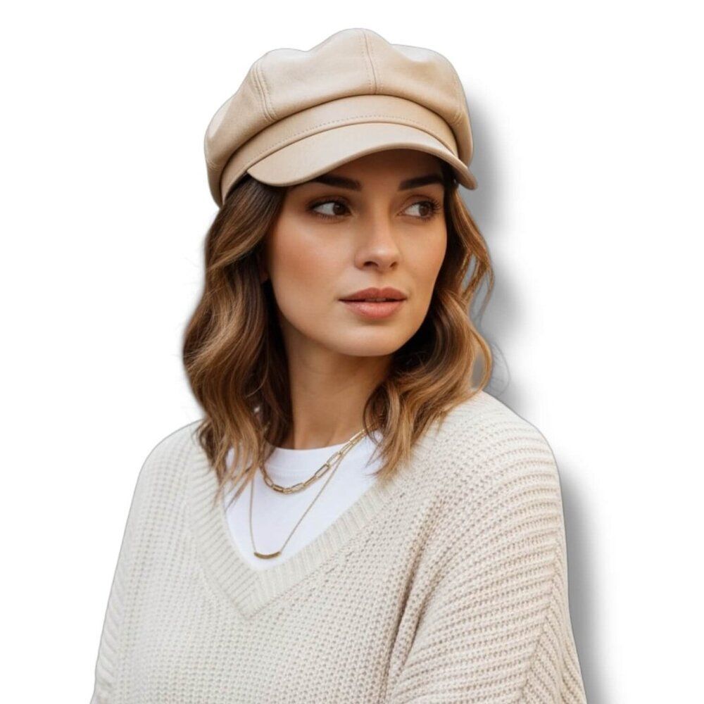 Beige Tan Faux Leather Newsboy Cap